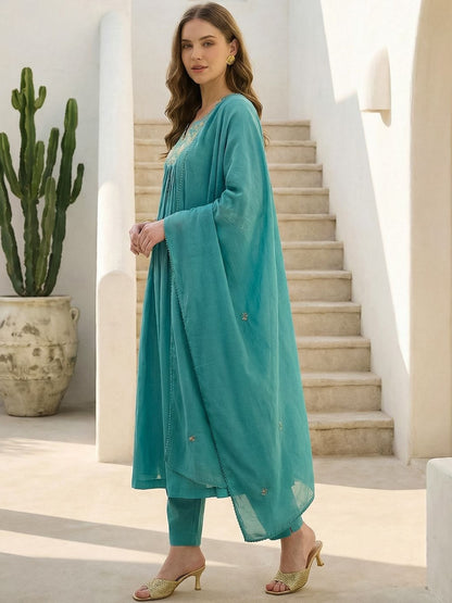 Women Ethnic Motifs Embroidered Pleated Thread Work Pure Cotton Kurta with Trousers & With Dupatta