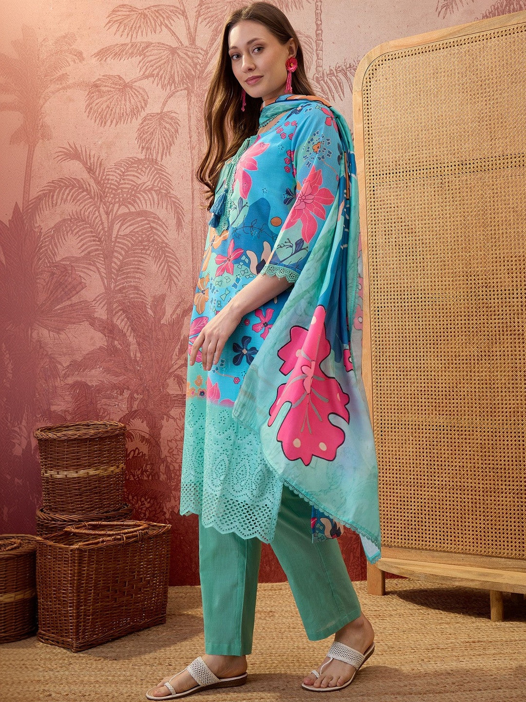 Floral Printed Round Neck Lace Hem Kurta & Trousers With Dupatta