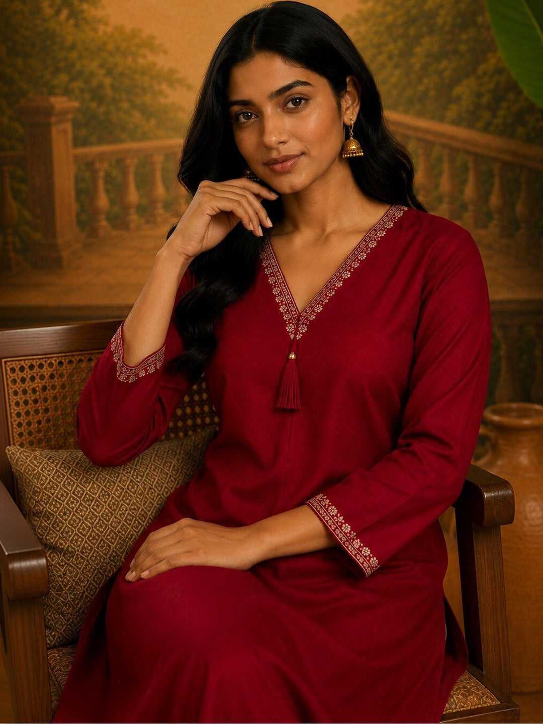 Women Embroidered V-Neck Straight Kurta & Trousers