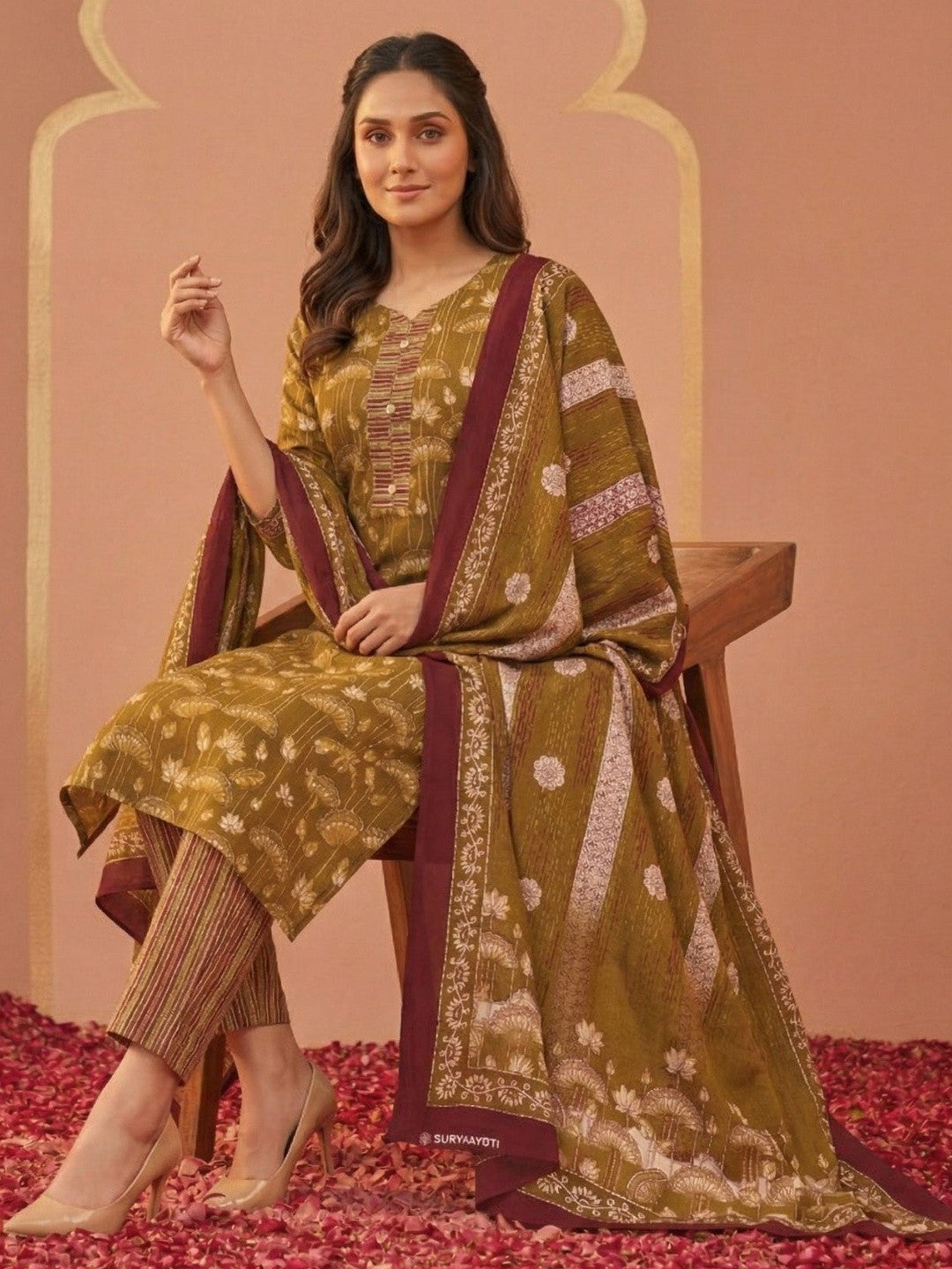 Printed Cotton Sweetheart Neck Kurta & Trousers With Dupatta