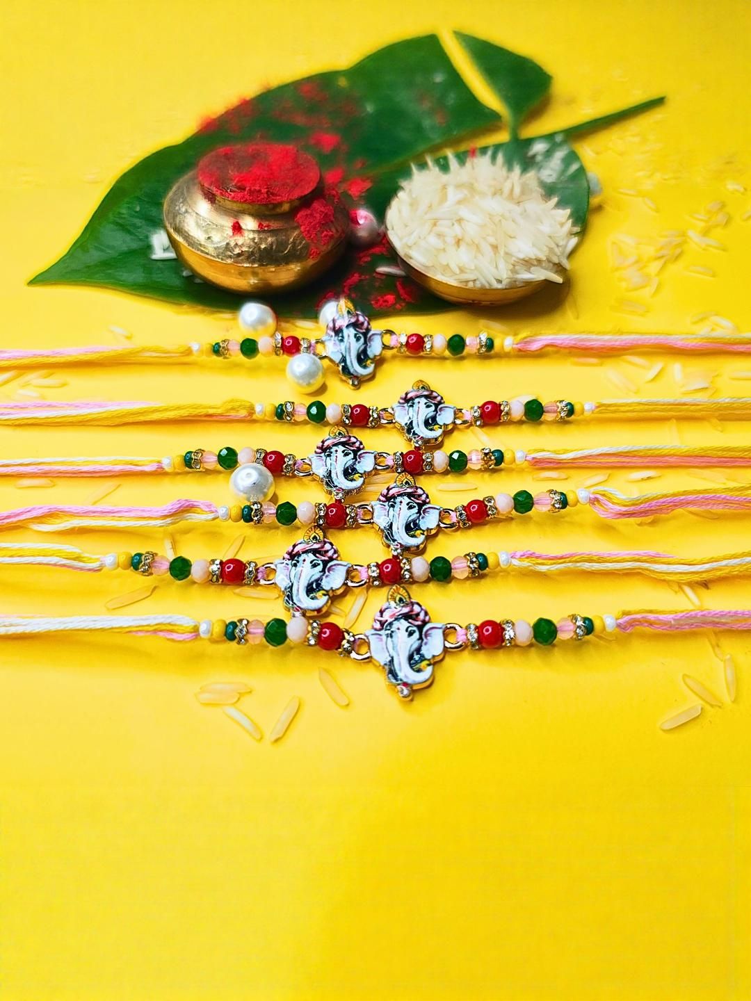Dhiyona Set Of 6 Beaded Cotton Thread with AD Stones & Meenakari Designer Rakhi for Brother