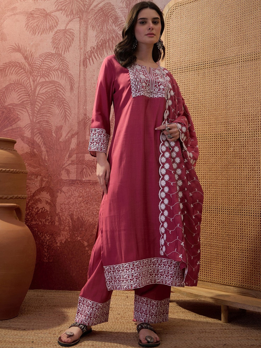 Embroidered V-Neck Kurta Trousers & Dupatta