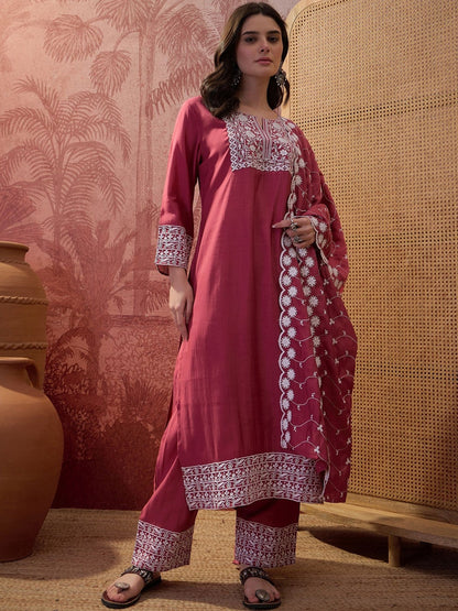 Embroidered V-Neck Kurta Trousers & Dupatta