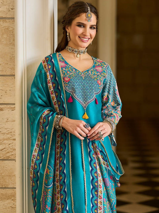 Ethnic Motifs Printed V-Neck Thread Work Kurta With Trousers & Dupatta