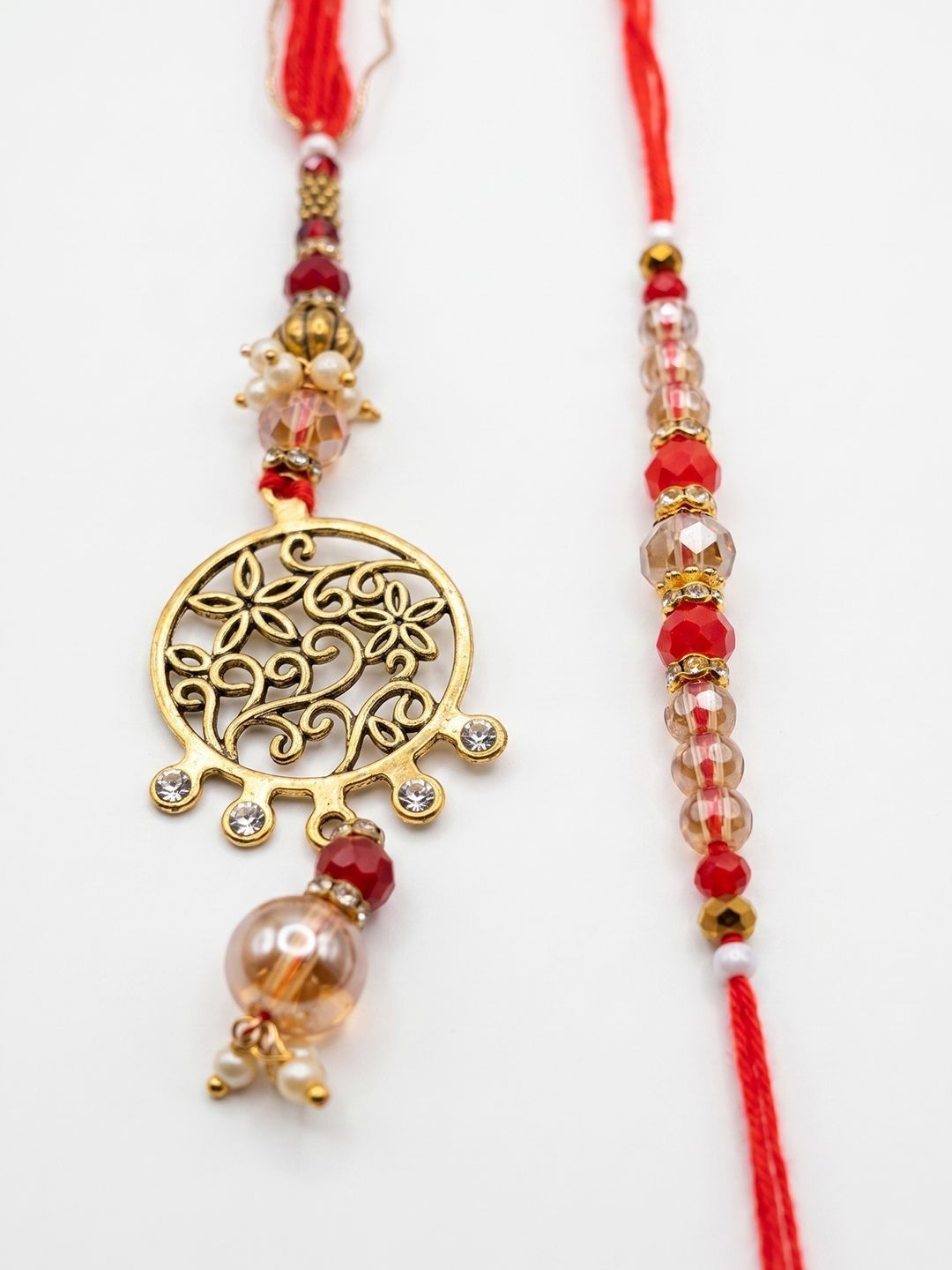 Dhiyona Set Of 2 Gold Toned Artificial Stones & Beads Bhaiya Bhabhi Rakhi With Roli Chawal