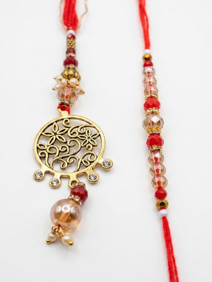 Dhiyona Set Of 2 Gold Toned Artificial Stones & Beads Bhaiya Bhabhi Rakhi With Roli Chawal