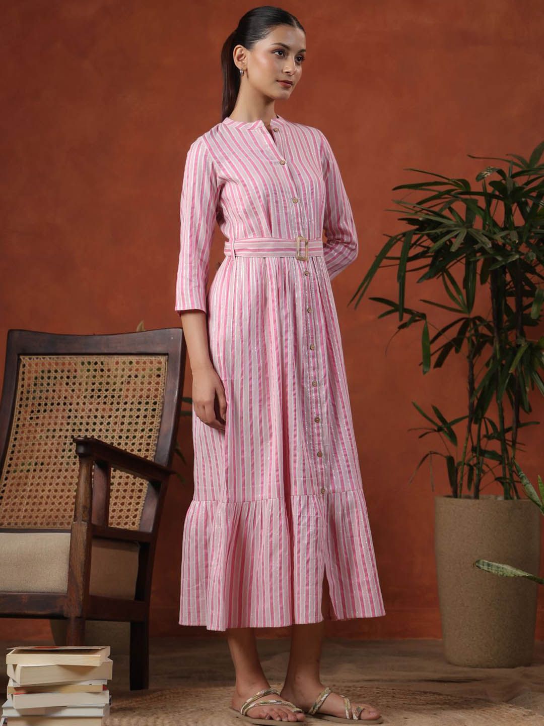 Dhiyona AY Women's Striped Jacquard Mandarin Collar Maxi Dress With Belt