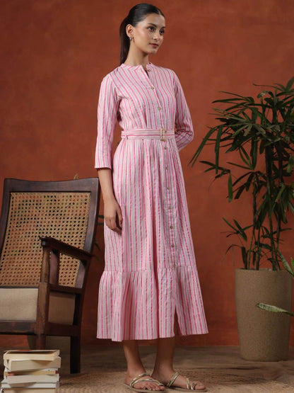Dhiyona AY Women's Striped Jacquard Mandarin Collar Maxi Dress With Belt