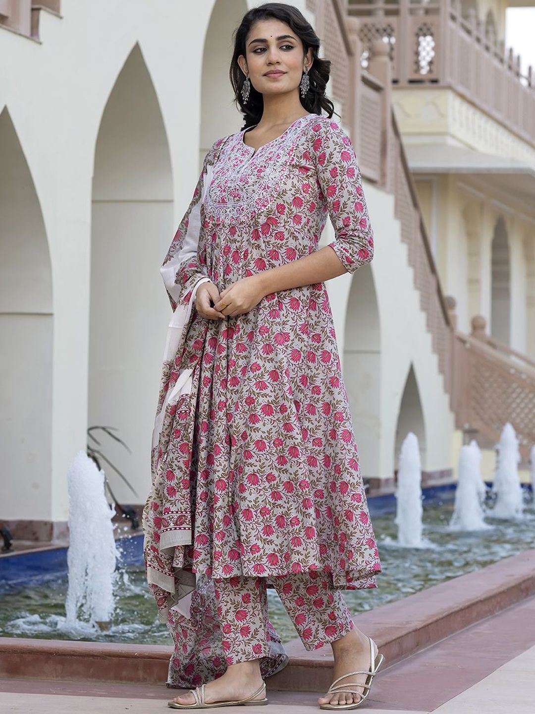 Dhiyona KL Floral Printed Mirror Work Anarkali Pure Cotton Kurta With Trousers & Dupatta