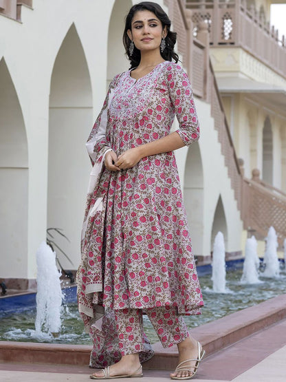 Dhiyona KL Floral Printed Mirror Work Anarkali Pure Cotton Kurta With Trousers & Dupatta