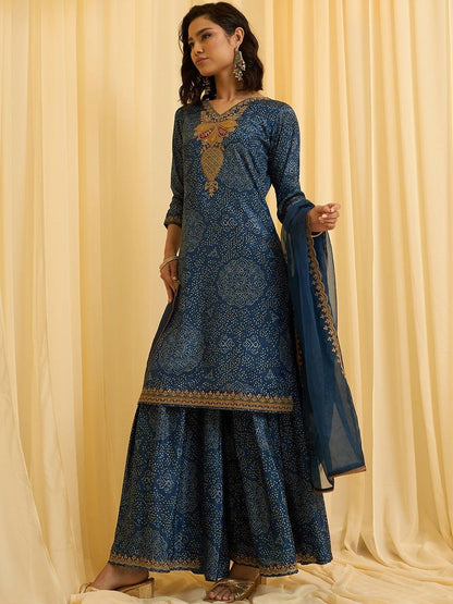 Dhiyona CH Women Ethnic Motifs Printed Regular Thread Work Kurta with Sharara & With Dupatta