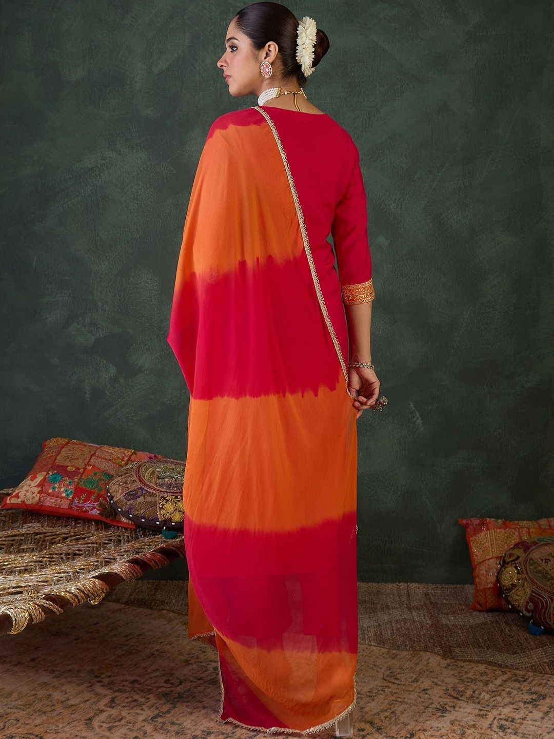 Ethnic Motifs Embroidered Straight Thread Work Kurta With Trouser & Dupatta