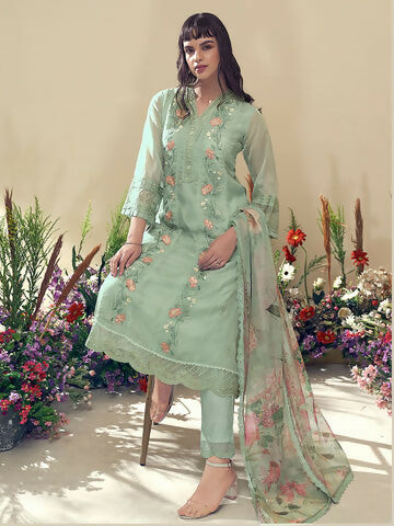 Women's Sea Green Embroidered Straight Kurta Trousers With Dupatta Set