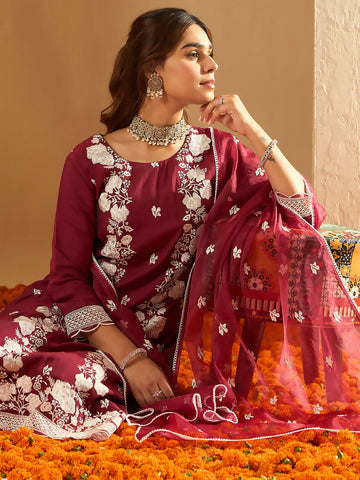 Women's Maroon Embroidered Straight Kurta Trousers With Dupatta Set