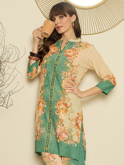 Dhiyona IE Women Printed Mandarin Collar Top and Trousers Co-Ords
