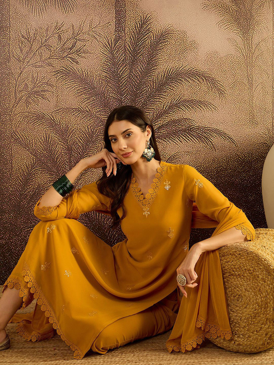 Zari Sequence Embroidered Georgette Straight Kurta With Trousers & Dupatta