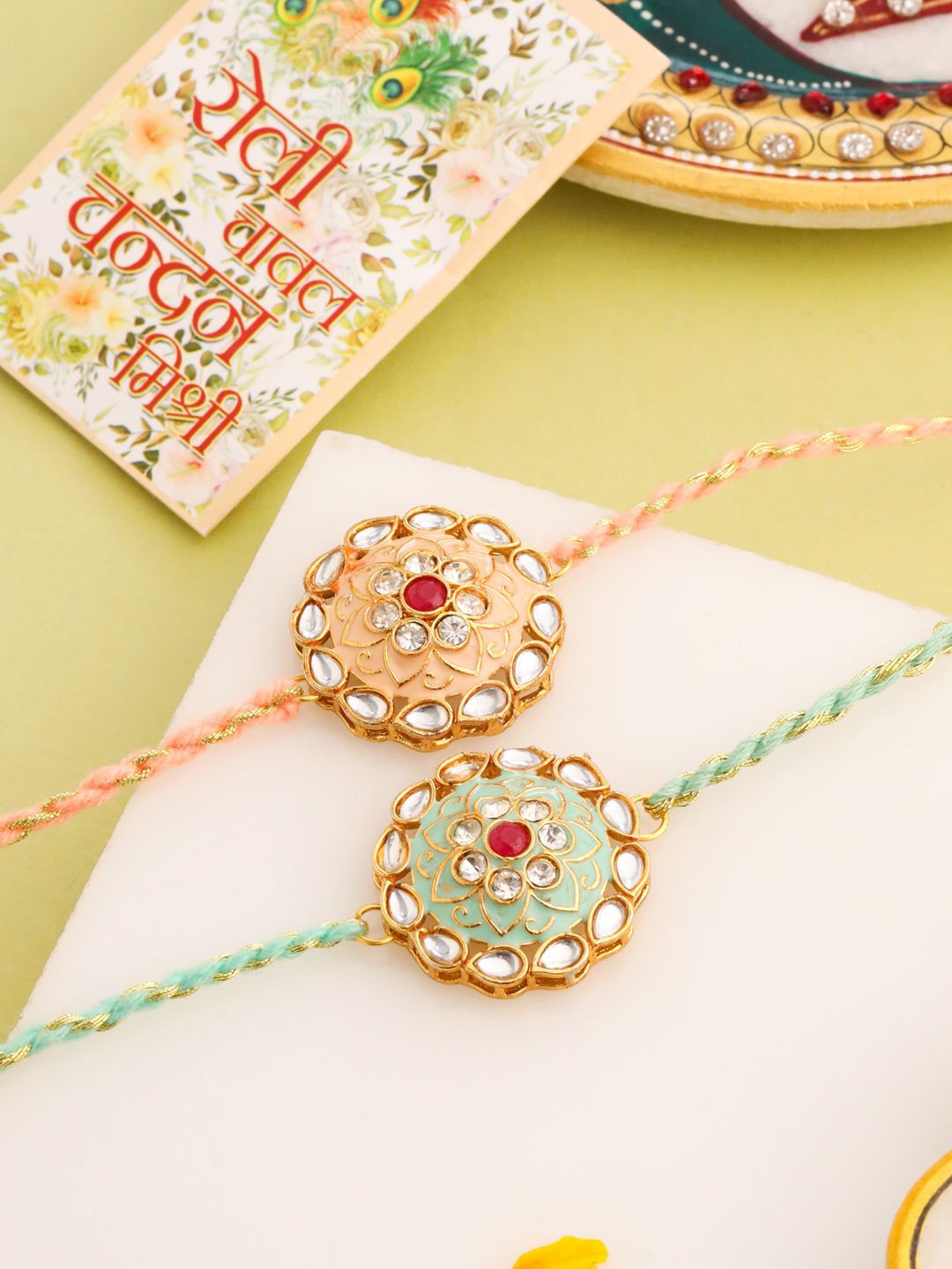 Dhiyona Kundan Studded Floral Bhaiya Bhabhi Rakhis With Roli Chawal Chandan & Mishri