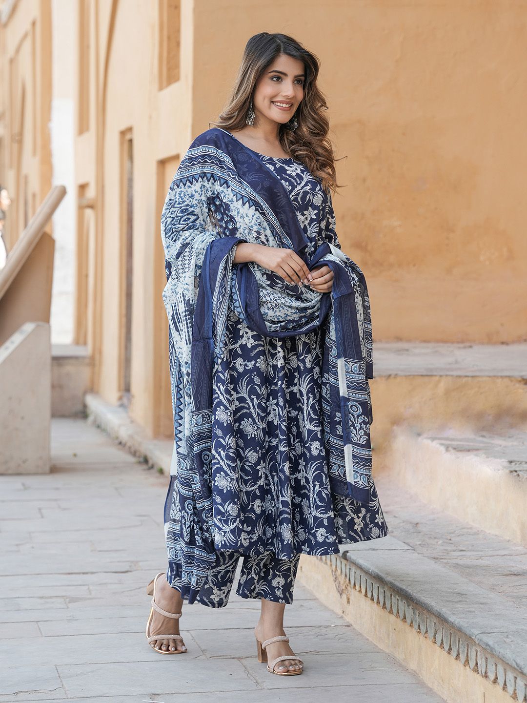 Dhiyona KL Floral Printed Pure Cotton Anarkali Kurta with Trousers & Dupatta