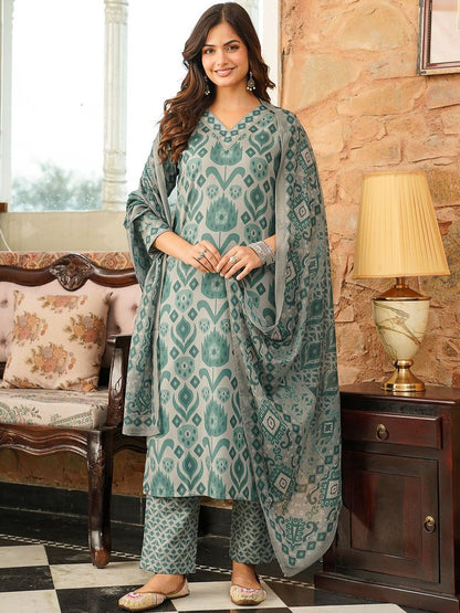 Dhiyona KL Ethnic Motifs Printed V-Neck Straight Kurta With Trousers & Dupatta