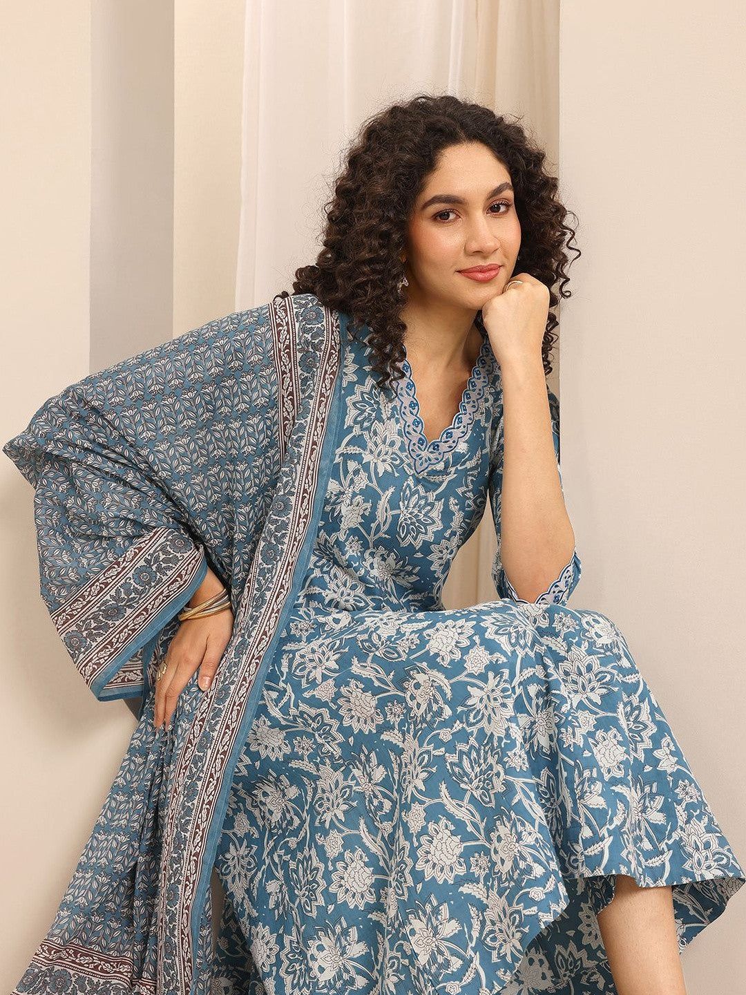 Floral Printed Regular Anarkali Kurta With Trousers & Dupatta
