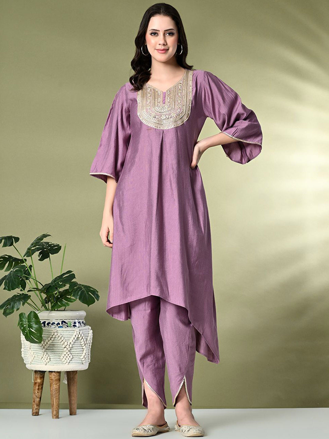 Ethnic MotifsEmbroidered Sequinned A-Line Kurta With Dhoti Pant & Dupatta