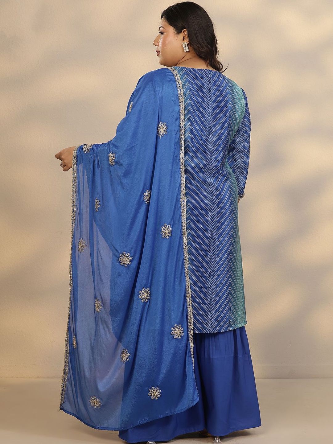 Dhiyona Women's Plus Size Geometric Printed Straight Kurta With Sharara & Dupatta