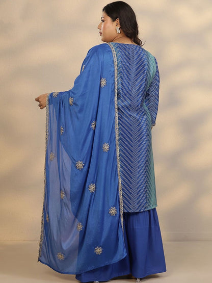 Dhiyona Women's Plus Size Geometric Printed Straight Kurta With Sharara & Dupatta