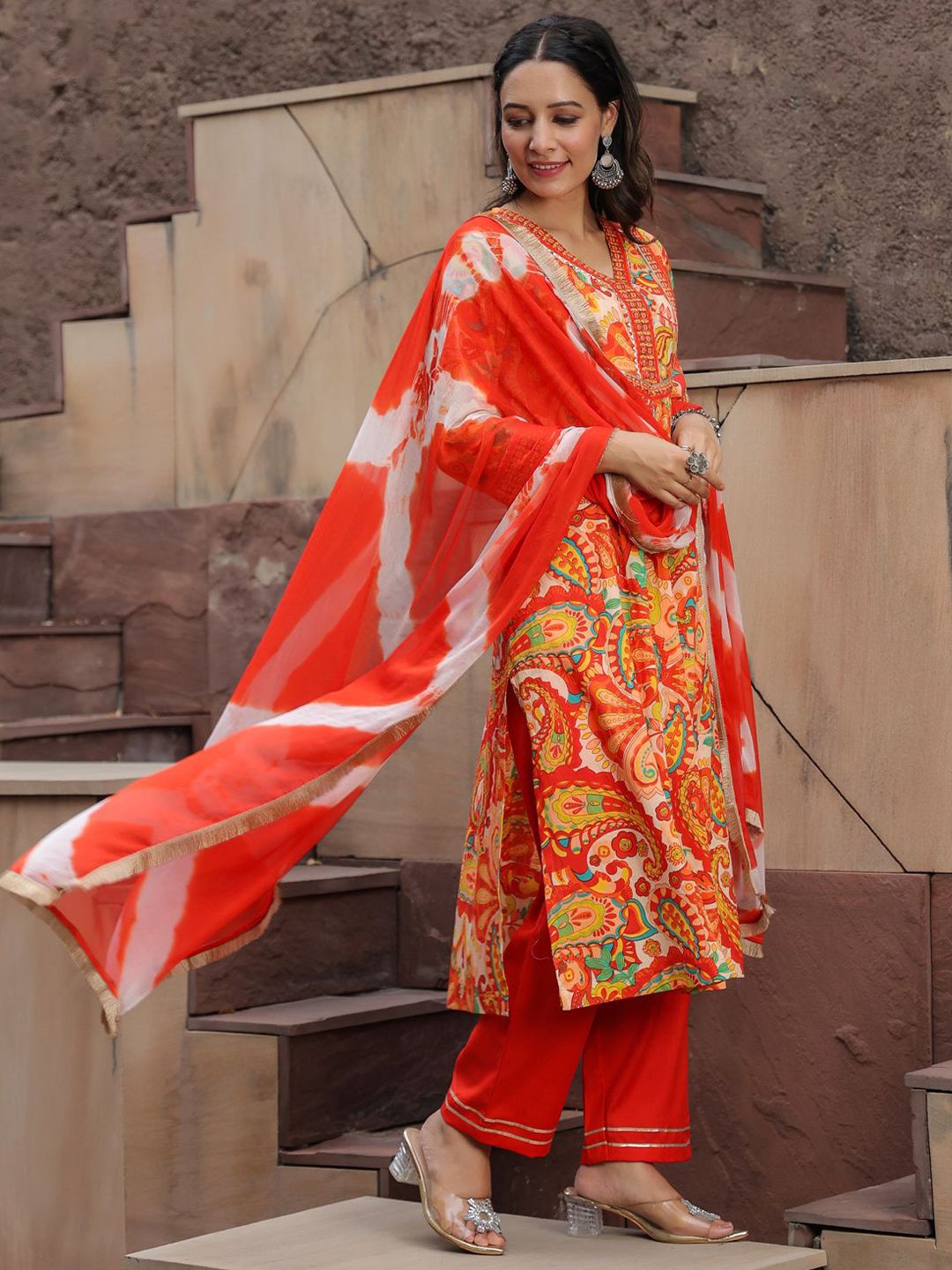 Dhiyona RR Women's Printed Gotta Patti Pure Cotton A-Line Kurta with Trousers & Dupatta