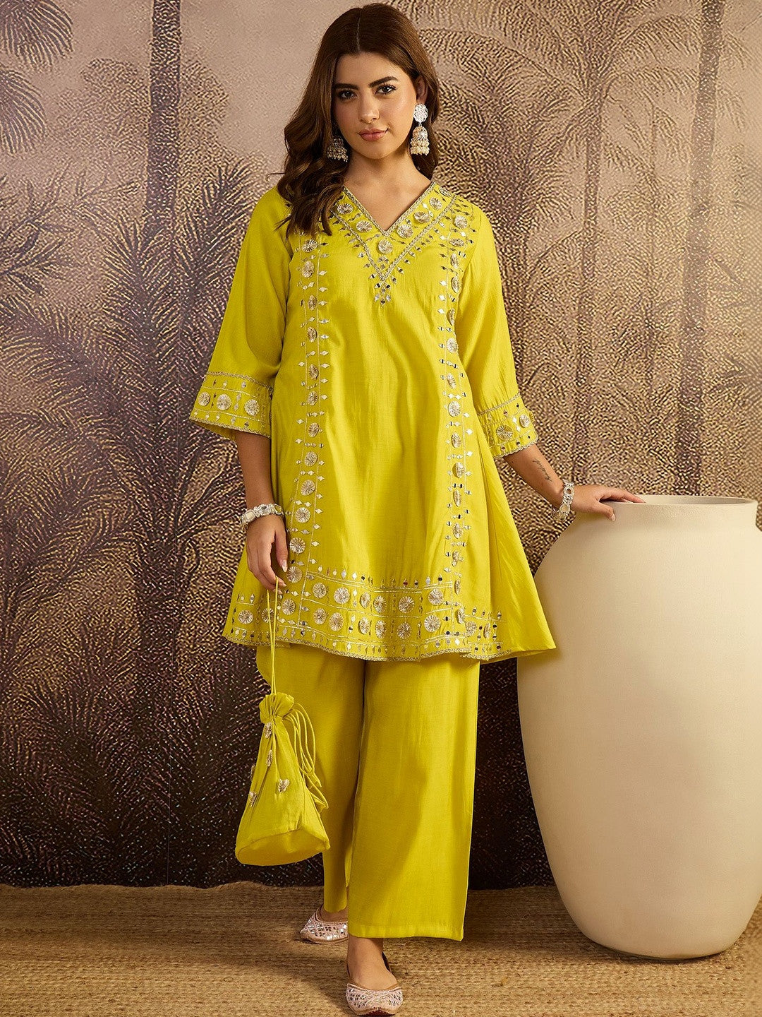 Embroidered V-Neck Kurta & Trousers Kurta Set