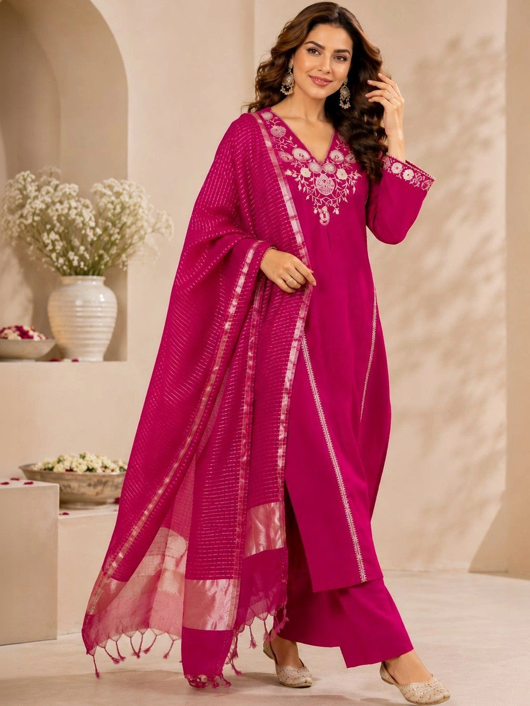 Women Embroidered Regular Thread Work Kurta with Trousers & With Dupatta