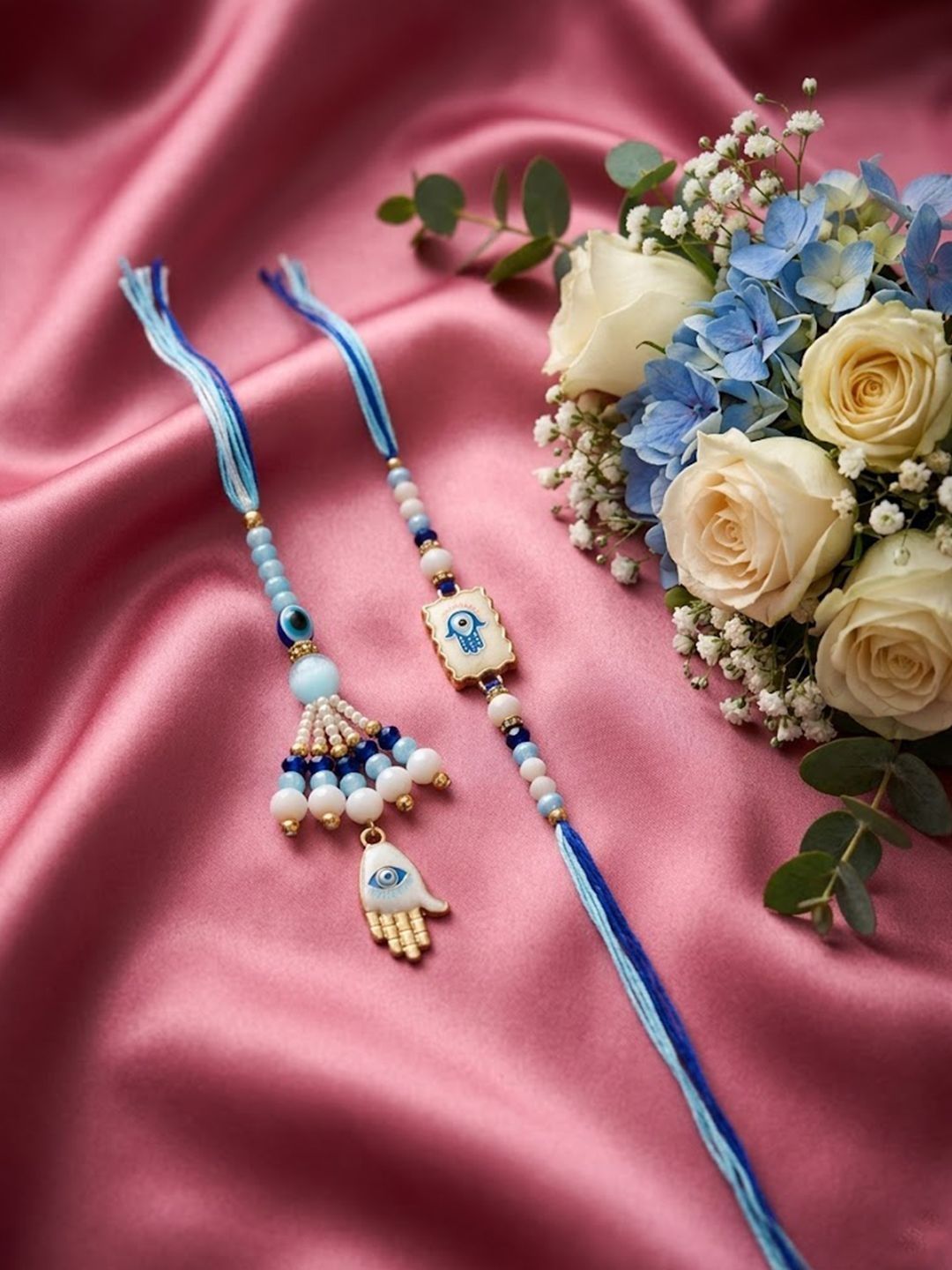 Dhiyona Set Of 2 Evil Eye Hand Design Bhaiya Bhabhi Rakhi With Roli Chawal Chandan Mishri