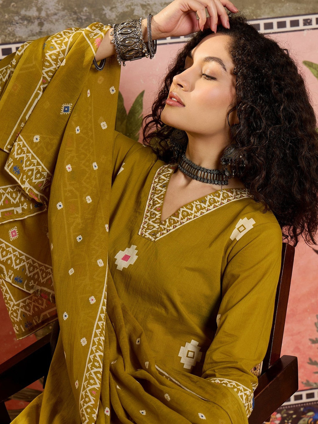 Printed Cotton V-Neck Kurta & Trousers With Dupatta