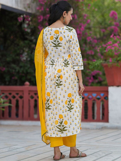 Dhiyona RR Women's Floral Printed Regular Pure Cotton Kurta & Trousers With Dupatta