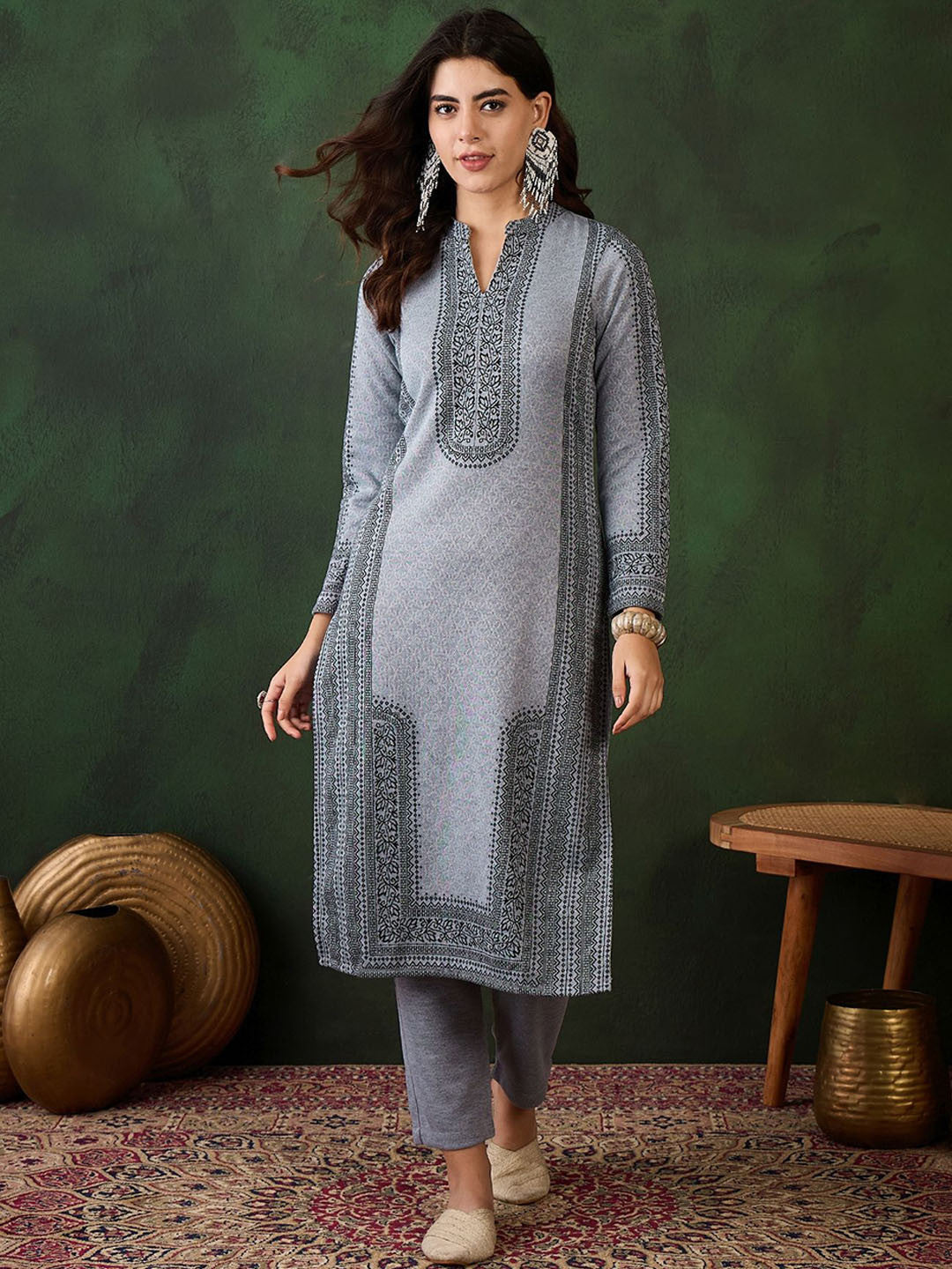Floral Woven Design Winter Straight Kurta & Trousers