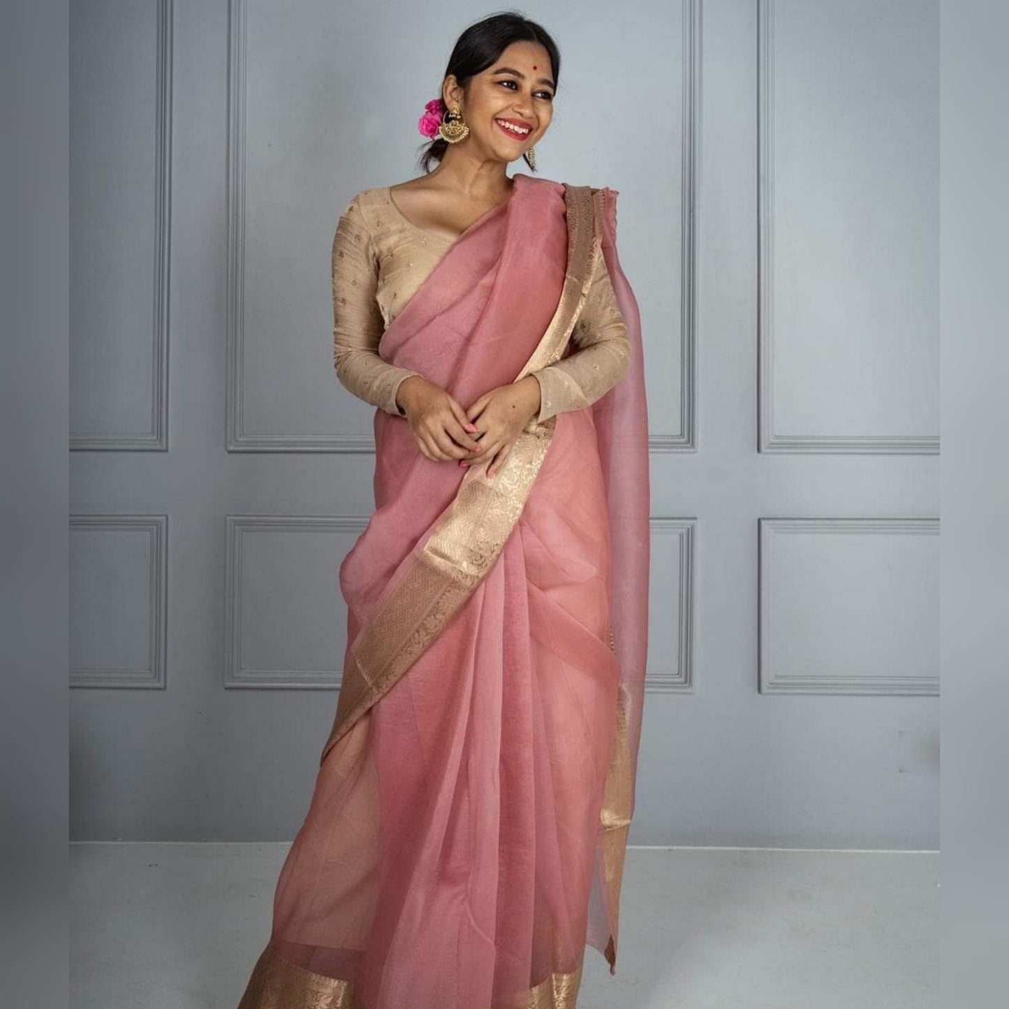 Dhiyona HH Peach Pink Banarasi Woven Skirt Border Soft Organza Saree | From The Weavers Of Banaras