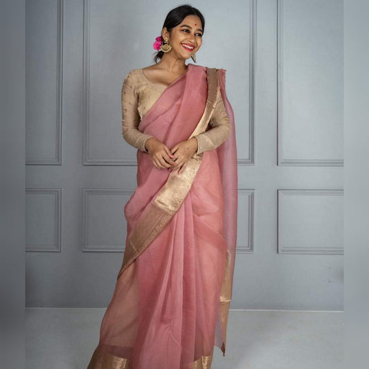 Dhiyona HH Peach Pink Banarasi Woven Skirt Border Soft Organza Saree | From The Weavers Of Banaras