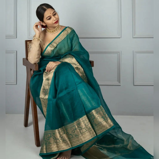 Dhiyona HH Bottle Green Banarasi Woven Skirt Border Soft Organza Saree