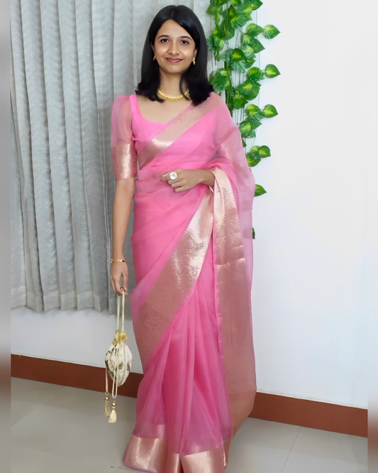 Dhiyona HH Baby Pink Banarasi Soft Organza Skirt Border Saree | Elegant & Beautiful