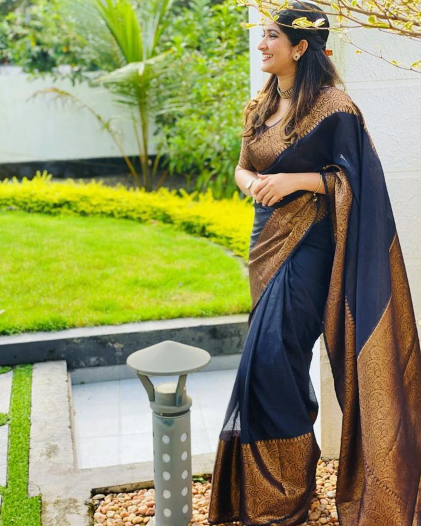 Dhiyona HH Indigo Blue Banarasi Woven Soft Saree with Antique Zari Border & Pallu