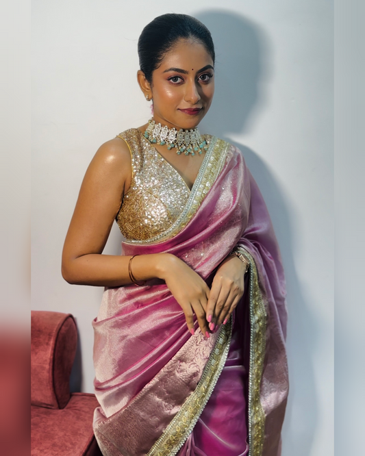 Dhiyona HH Baby Pink Designer Tissue Silk Saree with Hand Zardozi Work