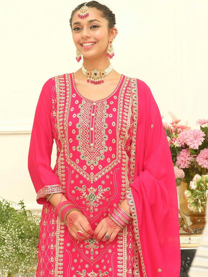 Dhiyona IE Women Ethnic Motifs Embroidered Regular Thread Work Kurta with Palazzos & With Dupatta