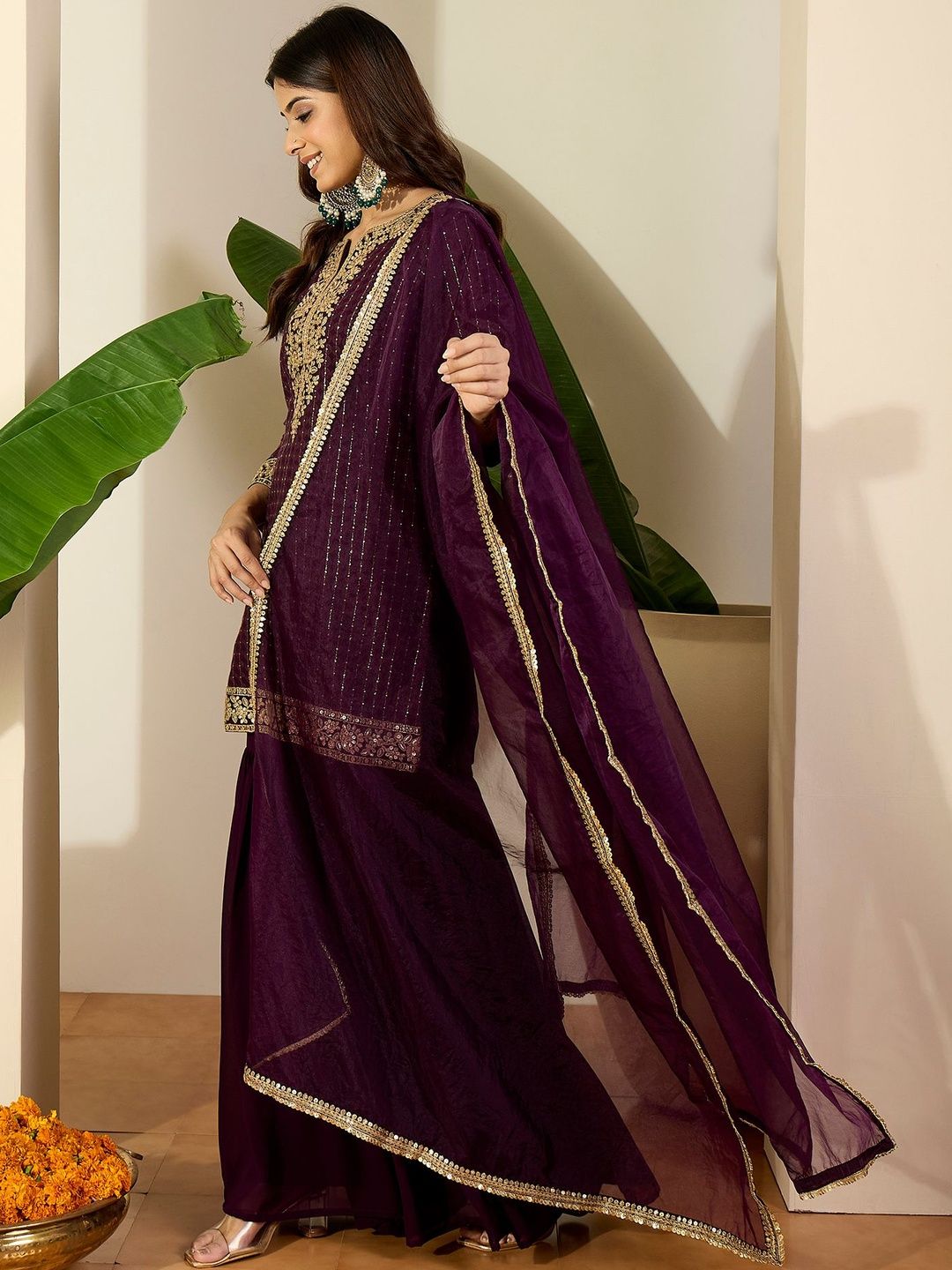 Dhiyona IN Women Ethnic Motifs Embroidered Regular Kurta with Sharara & With Dupatta