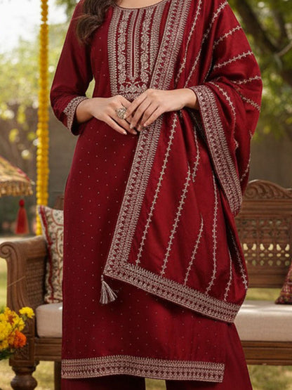 Dhiyona KL Ethnic Motifs Embroidered Round Neck Zari Straight Kurta With Palazzo & Dupatta