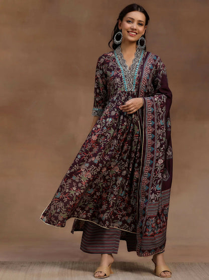 Women's LB Burgundy Printed Silk Blend A-Line Kurta With Palazzos & Dupatta