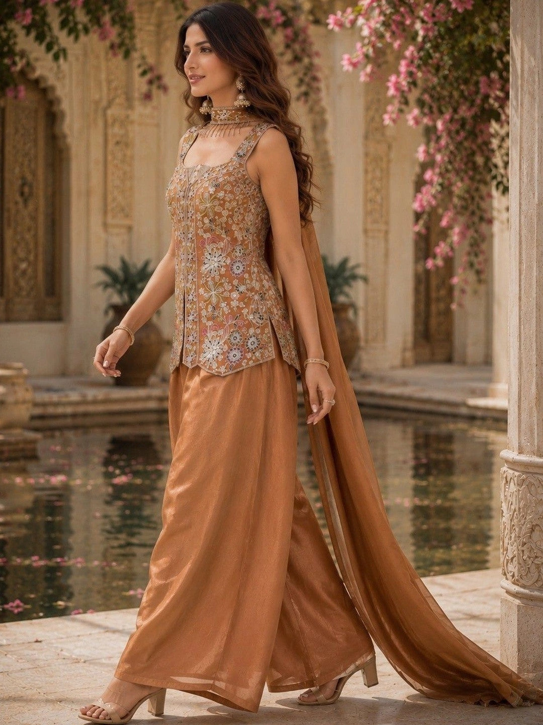 Women Ethnic Motifs Embroidered Angrakha Kurti with Palazzos & With Dupatta