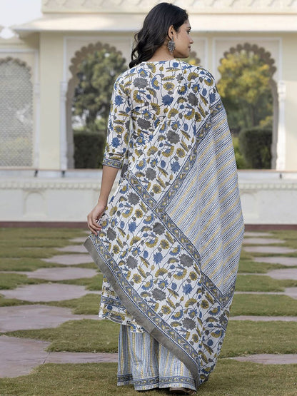 Dhiyona KL Floral Printed Angrakha A-Line Pure Cotton Kurta With Palazzos & Dupatta