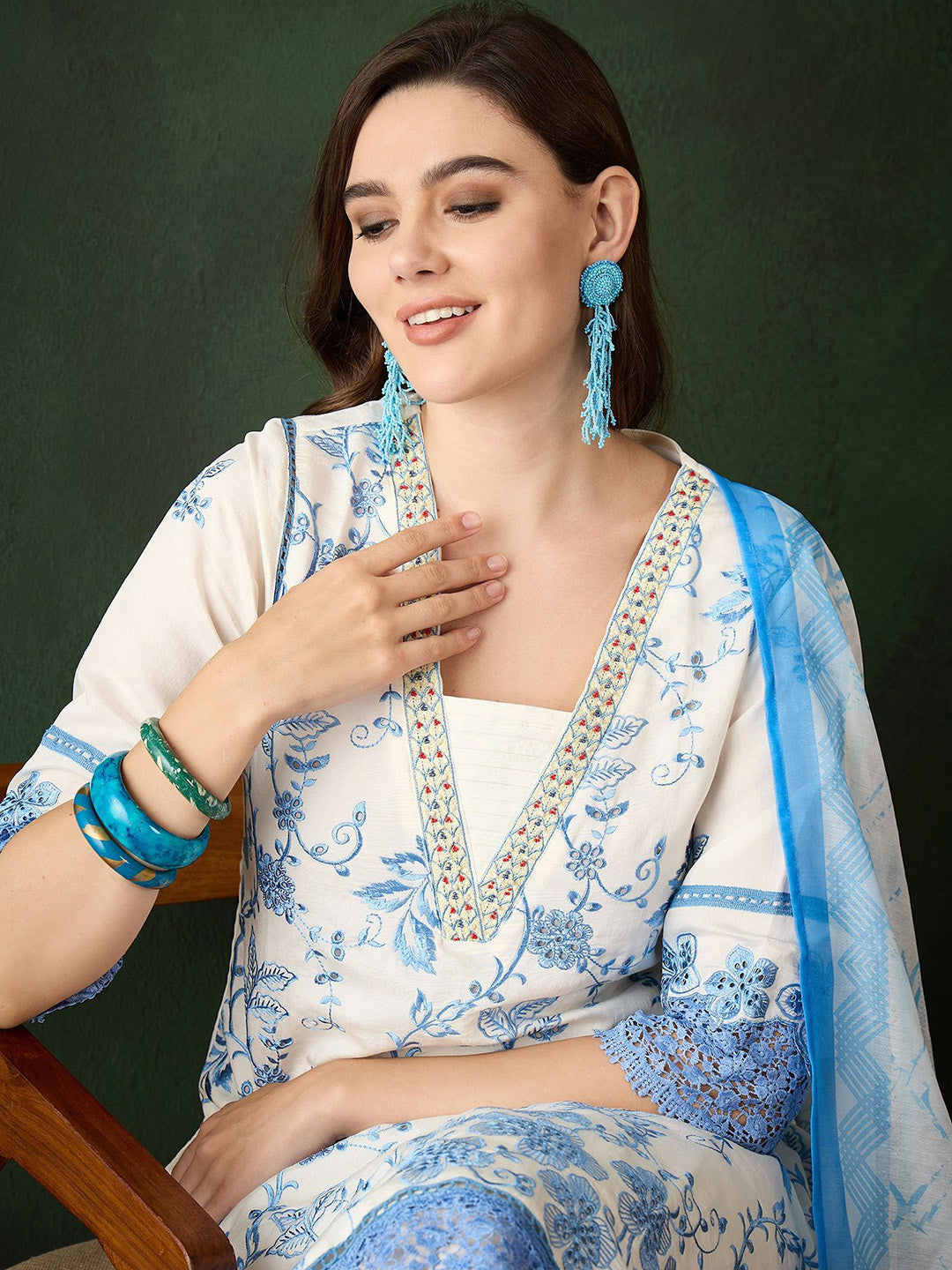 Dhiyona SN Blue Floral Embroidered Thread Work Straight Kurta With Trouser & Dupatta