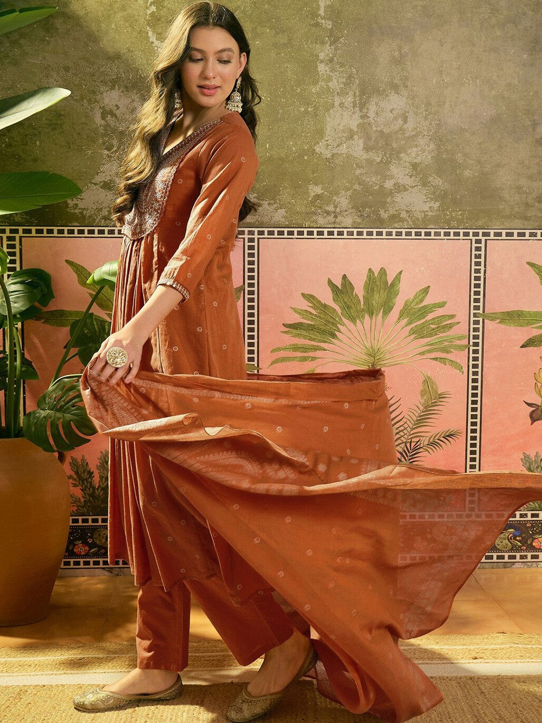 Embroidered V-Neck Kurta & Trousers with Dupatta