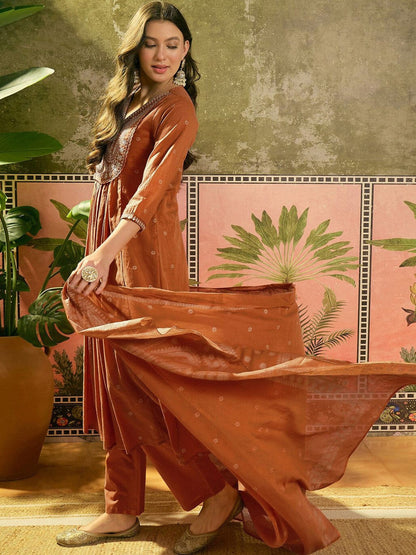 Embroidered V-Neck Kurta & Trousers with Dupatta