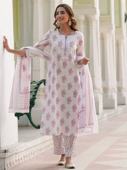 Dhiyona RR Women's Floral Printed Cotton Kurta with Trousers & Dupatta